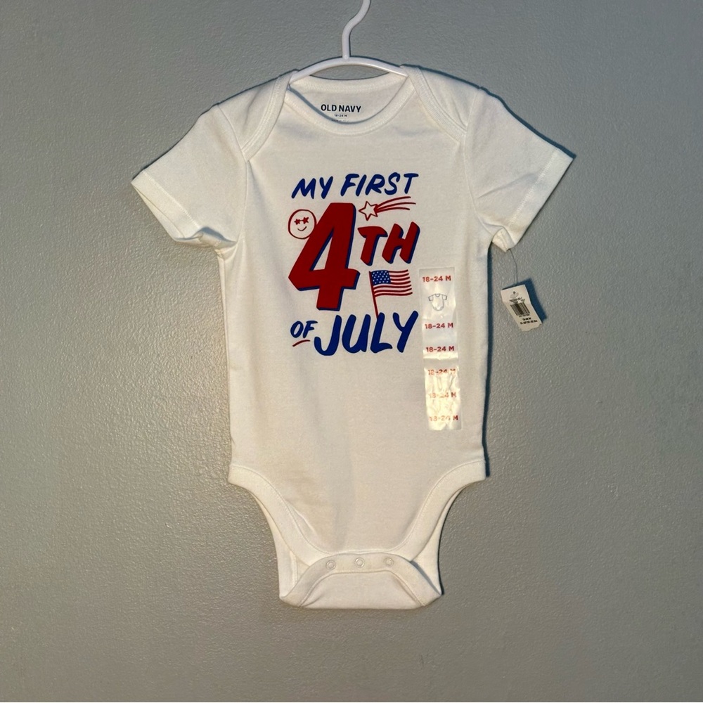 Old Navy White and Blue 'My First 4th of July' Baby Bodysuit
